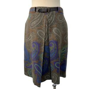 ETRO Wool Blend Knee-Length Skirt Paisley Floral Brown Buckle Detail IT 40 (S)